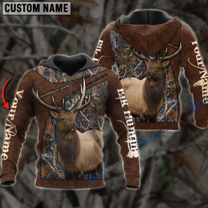 Frenzidea Personalized Name Elk Hunting Brown Leather Pattern 3D Shirts