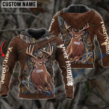 Frenzidea Personalized Name Deer Hunting Brown Leather Pattern 3D Shirts