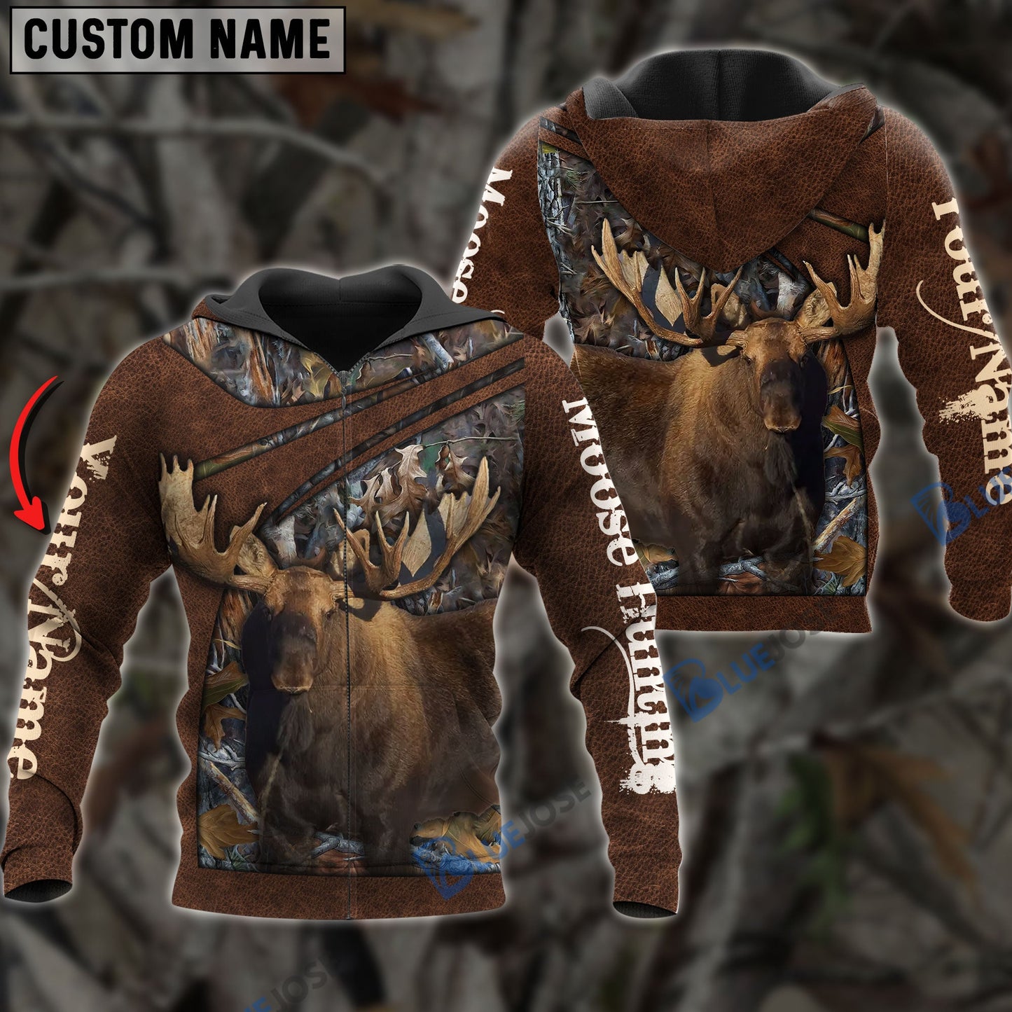 Frenzidea Personalized Name Moose Hunting Brown Leather Pattern 3D Shirts