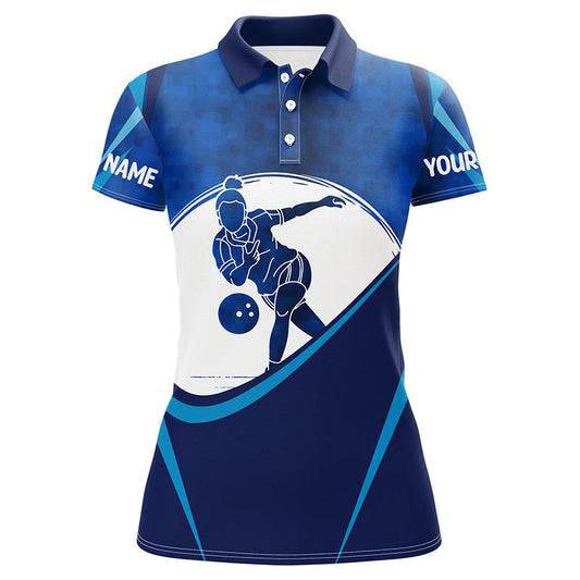 Frenzideas Blue Bowling Player Customized Name All Over Printed Shirt For Women