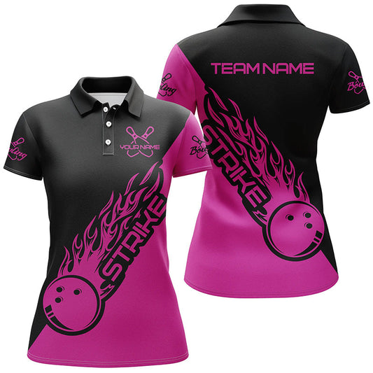 Frenzideas Pink And Black Bowling Strike Customized Name All Over Printed Shirt For Women