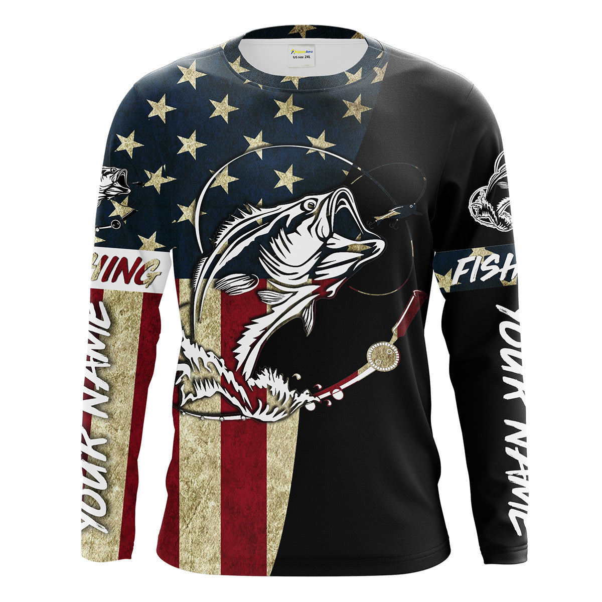 frenzidea Personalized Bass Fishing American Flag Personalized Name 3D Hoodie