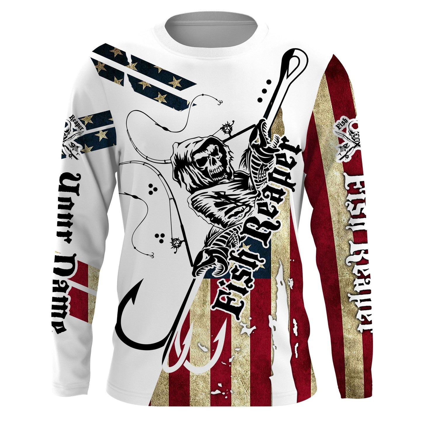 Frenzidea Halloween Fish Reaper American Flag Custom Name Long Sleeve