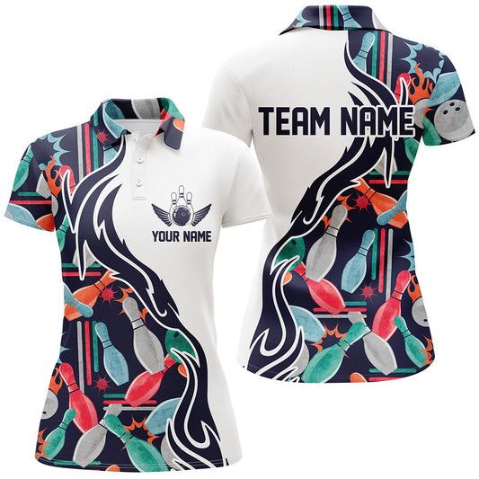 Frenzideas Dark Blue Bowling Ball And Pins Pattern Premium Customized Name 3D Shirt For Women