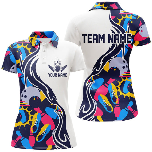Frenzideas Multicolor Bowling Ball And Pins Pattern Premium Customized Name 3D Shirt For Women