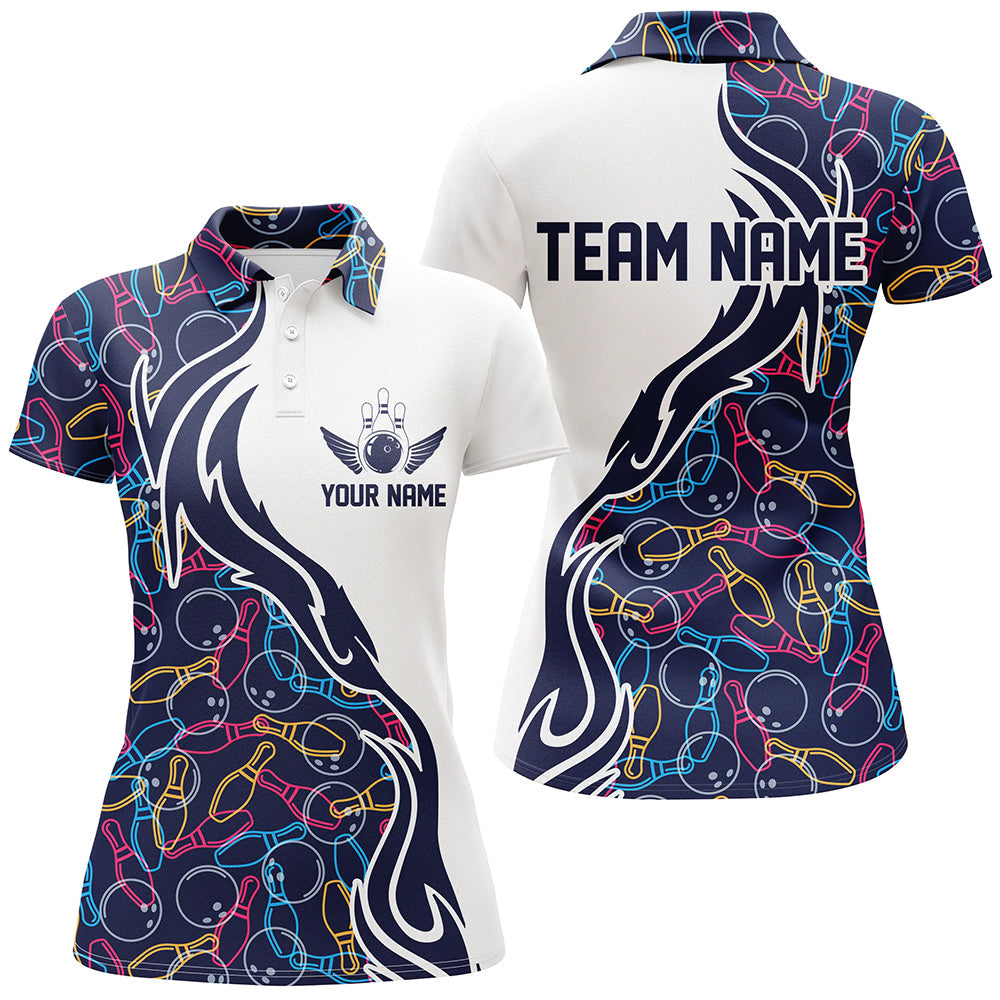 Frenzideas Multicolor Bowling Ball And Pins Pattern Classic Customized Name All Over Printed Shirt For Women