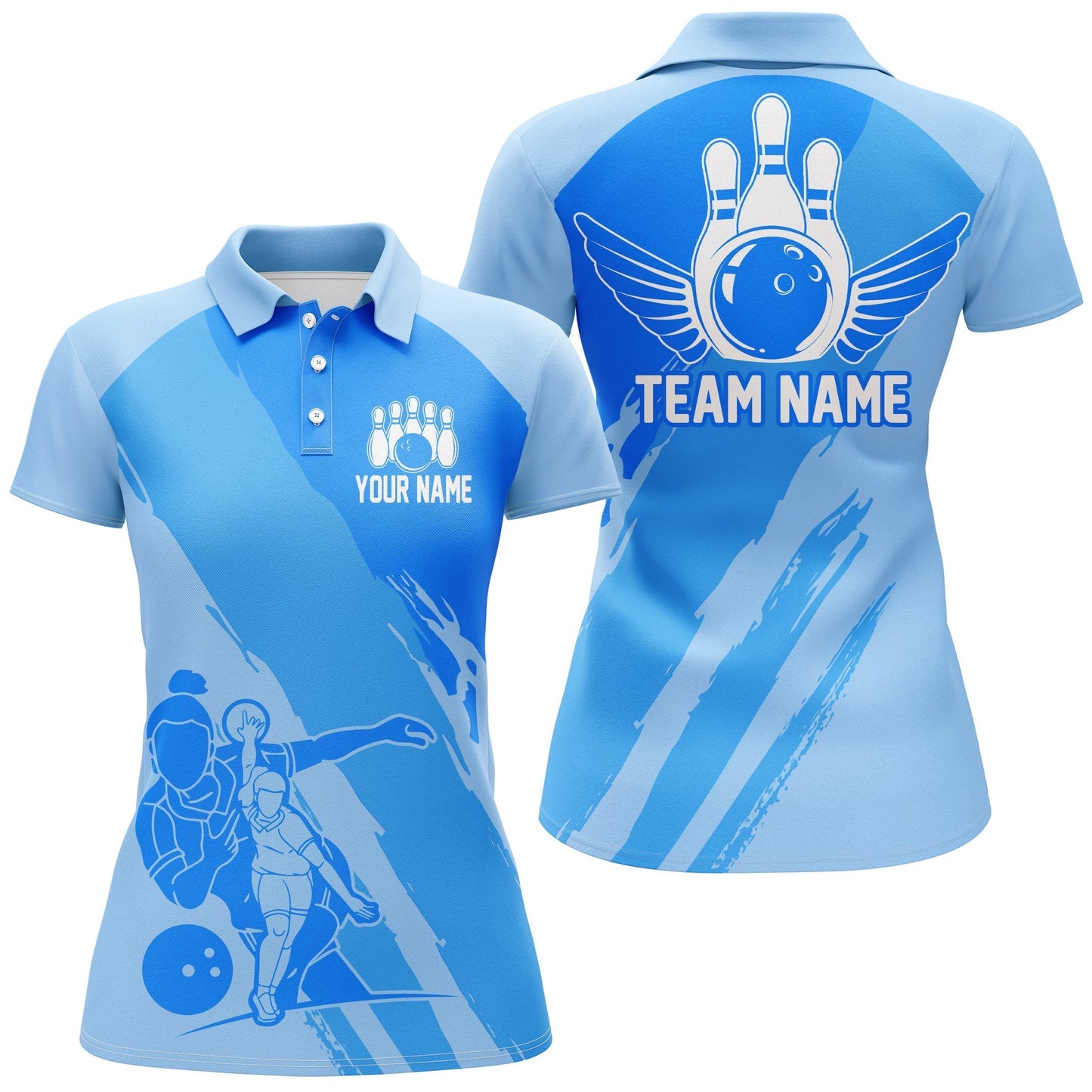 Frenzideas Cyan Bowling Player Classic Customized Name All Over Printed Shirt For Women