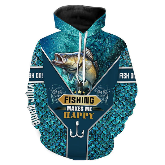 frenzidea Walleye Fishing Blue Scale Camo Fishing Makes Me Happy Customized Name 3D Hoodie