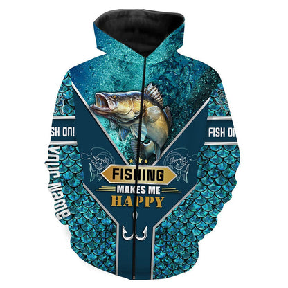 frenzidea Walleye Fishing Blue Scale Camo Fishing Makes Me Happy Customized Name 3D Hoodie