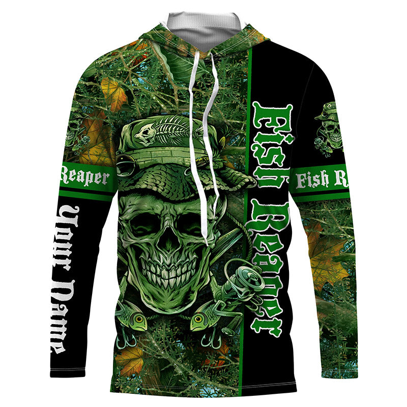 Frenzidea Halloween Fish Reaper Fishing Green Camouflage Custom Long Sleeve Fishing Shirts