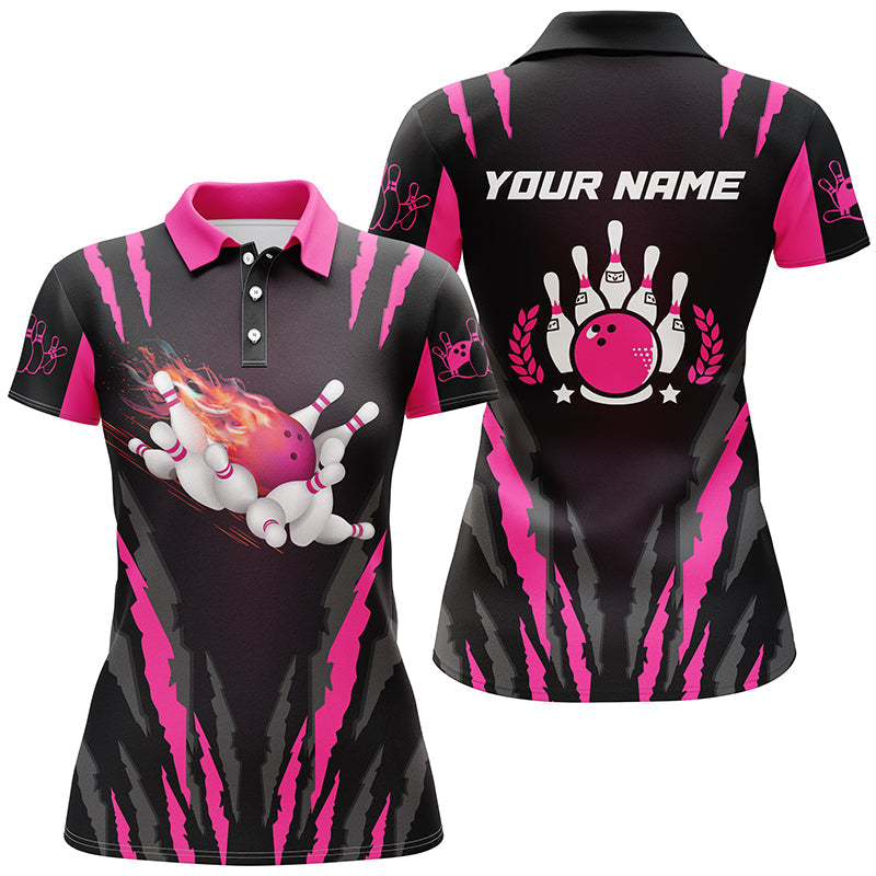Frenzideas Pink Flame Bowling Ball & Pins Premium Customized Name 3D Shirt For Women