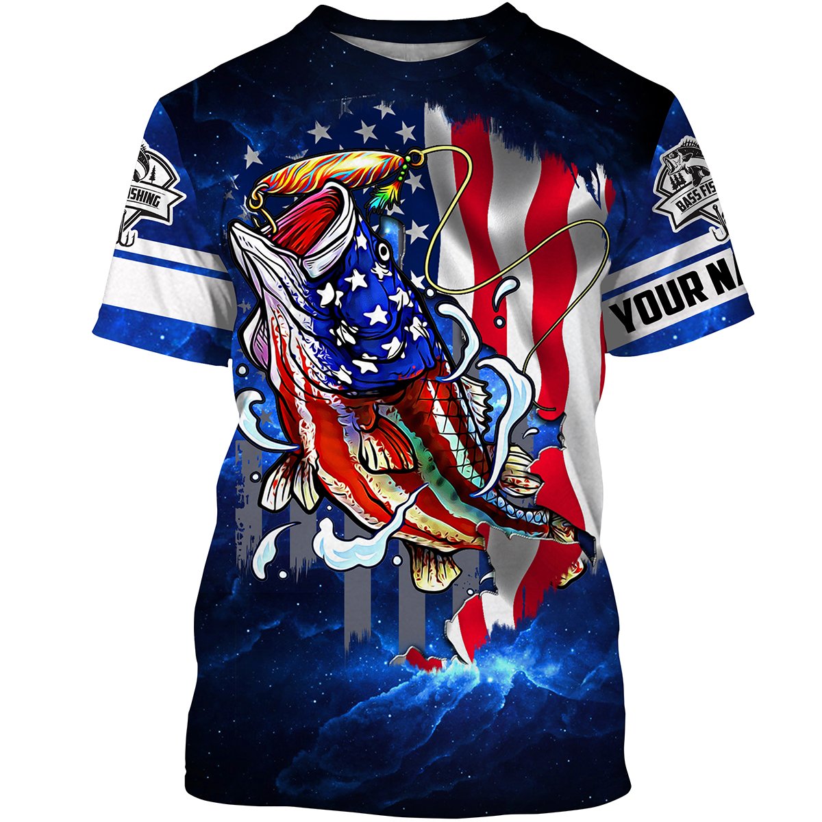 Frenzidea Bass Fishing 3D American Flag Patriotic Customize Name All Over Print Shirt