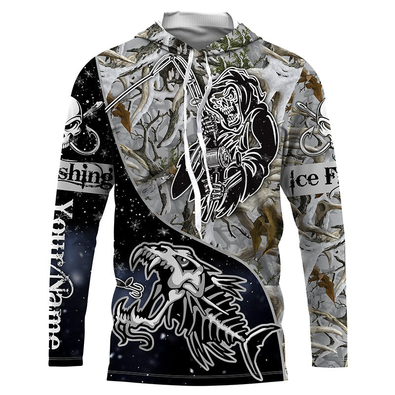Frenzidea Halloween Fish Reaper Skull Ice Fishing Winter Camo Custom Name Long Sleeve