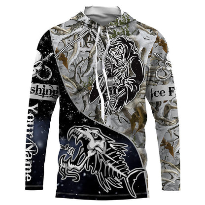 Frenzidea Halloween Fish Reaper Skull Ice Fishing Winter Camo Custom Name Long Sleeve