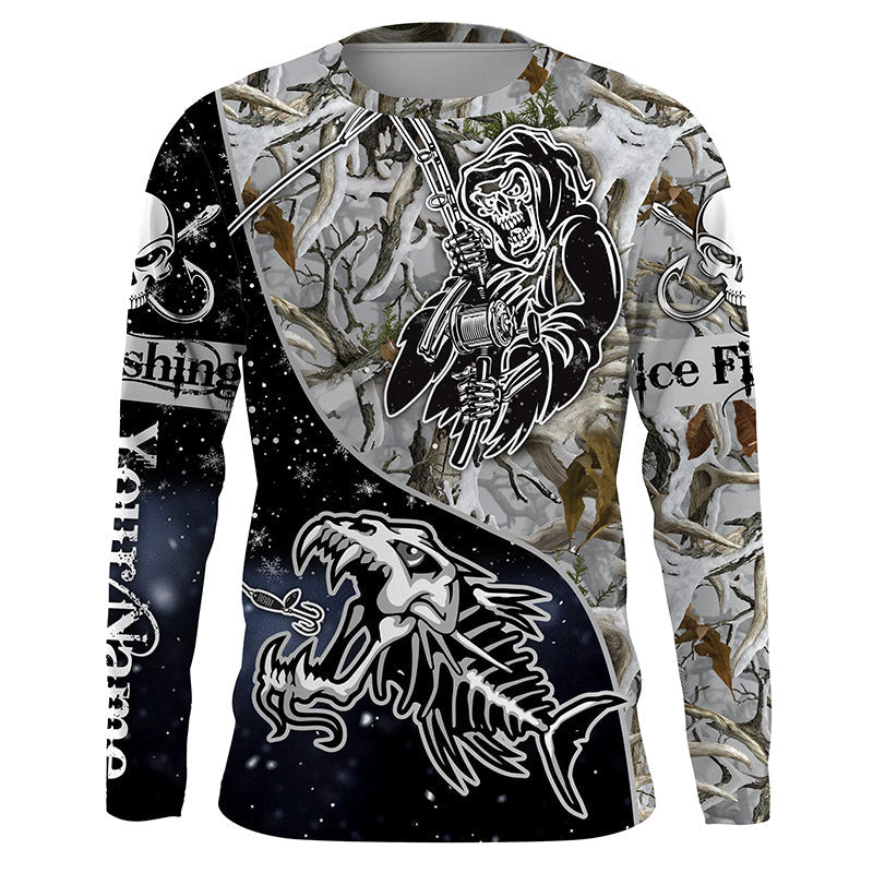 Frenzidea Halloween Fish Reaper Skull Ice Fishing Winter Camo Custom Name Long Sleeve