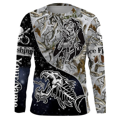 Frenzidea Halloween Fish Reaper Skull Ice Fishing Winter Camo Custom Name Long Sleeve