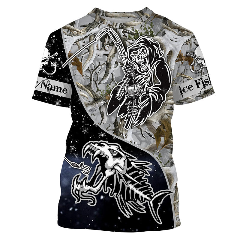 Frenzidea Halloween Fish Reaper Skull Ice Fishing Winter Camo Custom Name Long Sleeve