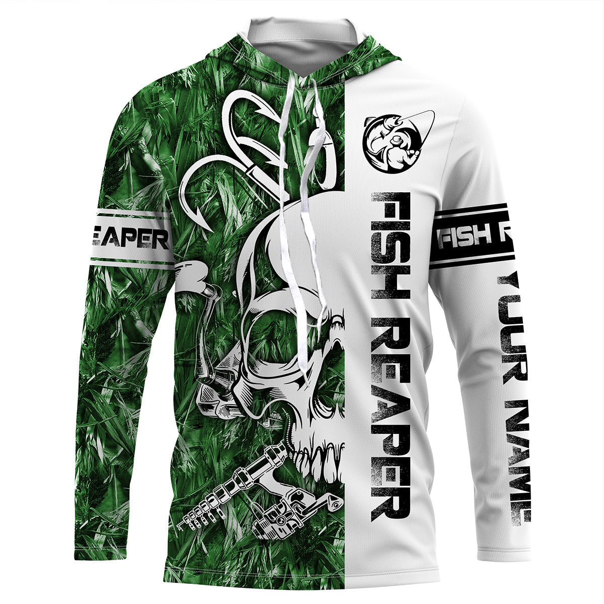 Frenzidea Halloween Fish Reaper Fishing Green Camo Custom Name Long Sleeve Shirt