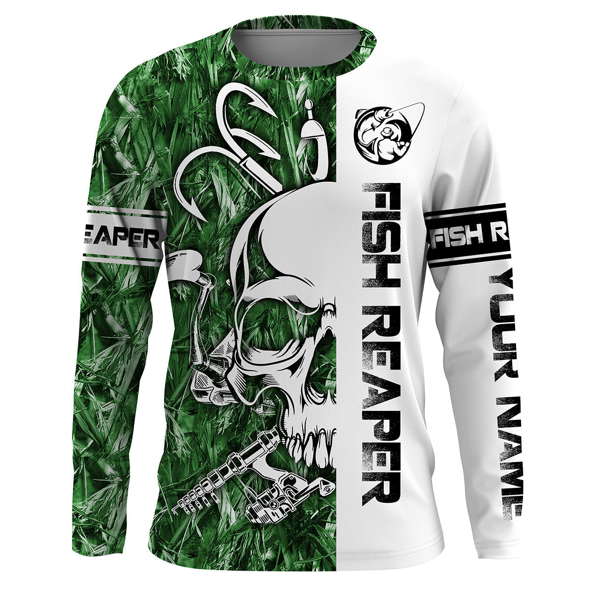 Frenzidea Halloween Fish Reaper Fishing Green Camo Custom Name Long Sleeve Shirt