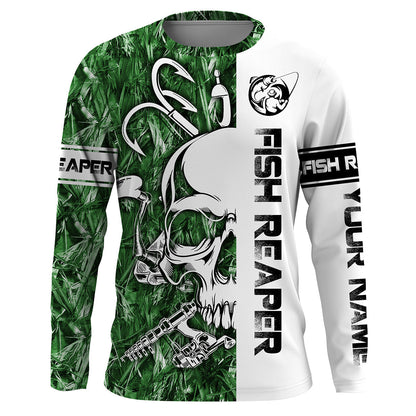 Frenzidea Halloween Fish Reaper Fishing Green Camo Custom Name Long Sleeve Shirt
