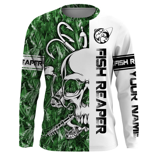 Frenzidea Halloween Fish Reaper Fishing Green Camo Custom Name Long Sleeve Shirt