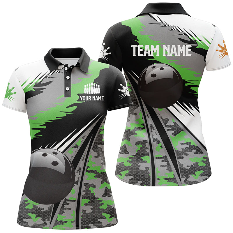 Frenzideas Black Ball Green Camo Bowling Premium Customized Name 3D Shirt For Women
