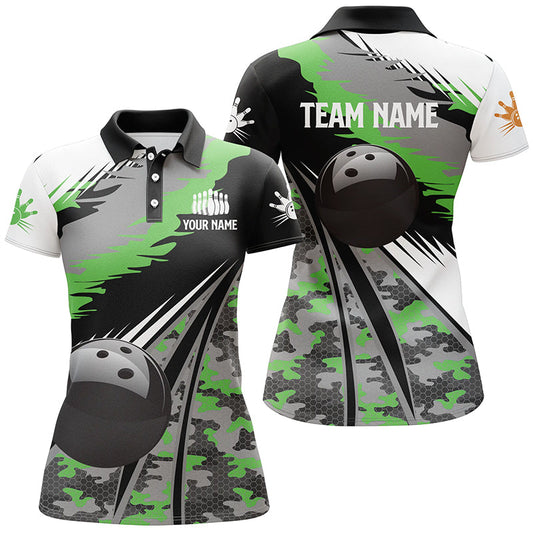 Frenzideas Black Ball Green Camo Bowling Premium Customized Name 3D Shirt For Women