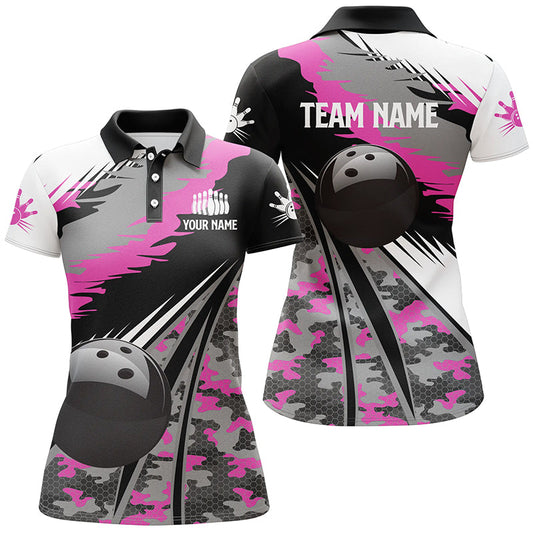 Frenzideas Black Ball Pink Camo Bowling Premium Customized Name 3D Shirt For Women