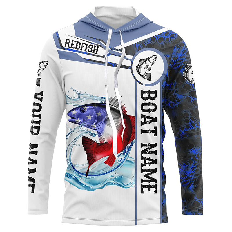 frenzidea Redfish Fishing Blue Camo American Flag Custom Name & Boat Name 3D Hoodie