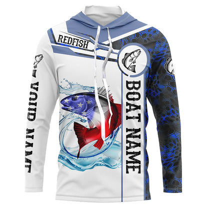 frenzidea Redfish Fishing Blue Camo American Flag Custom Name & Boat Name 3D Hoodie