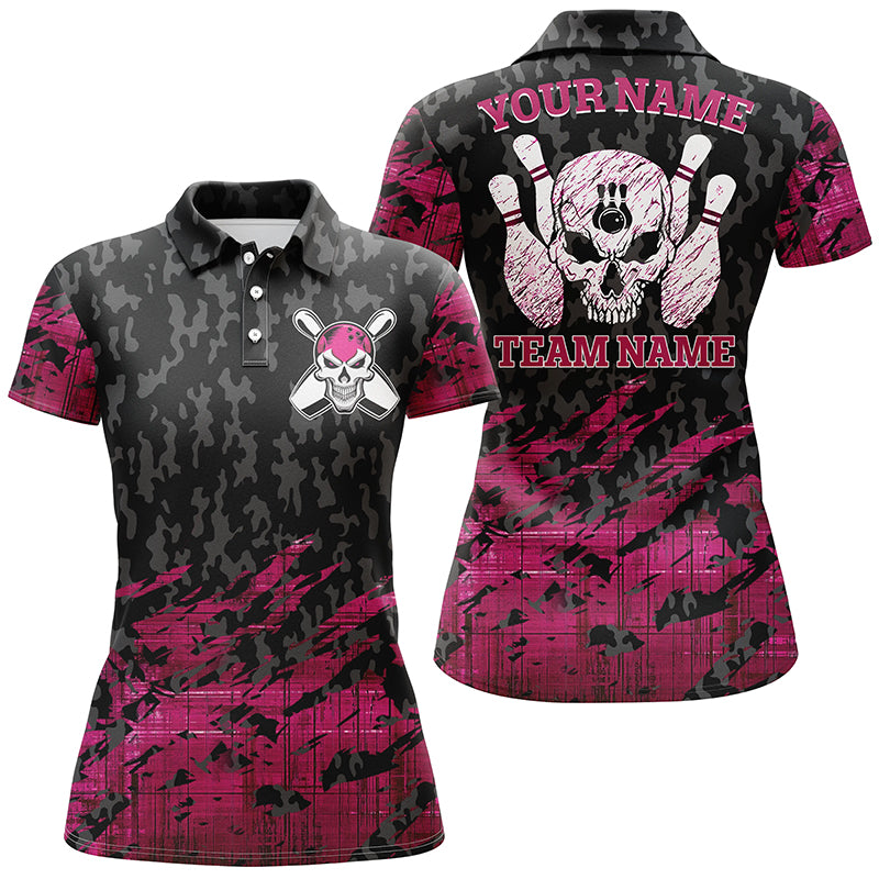 Frenzideas Pink Bowling Skeleton Customized Name All Over Printed Shirt For Women