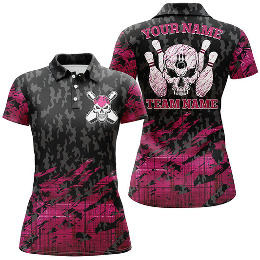 Frenzideas Pink Bowling Skeleton Customized Name All Over Printed Shirt For Women