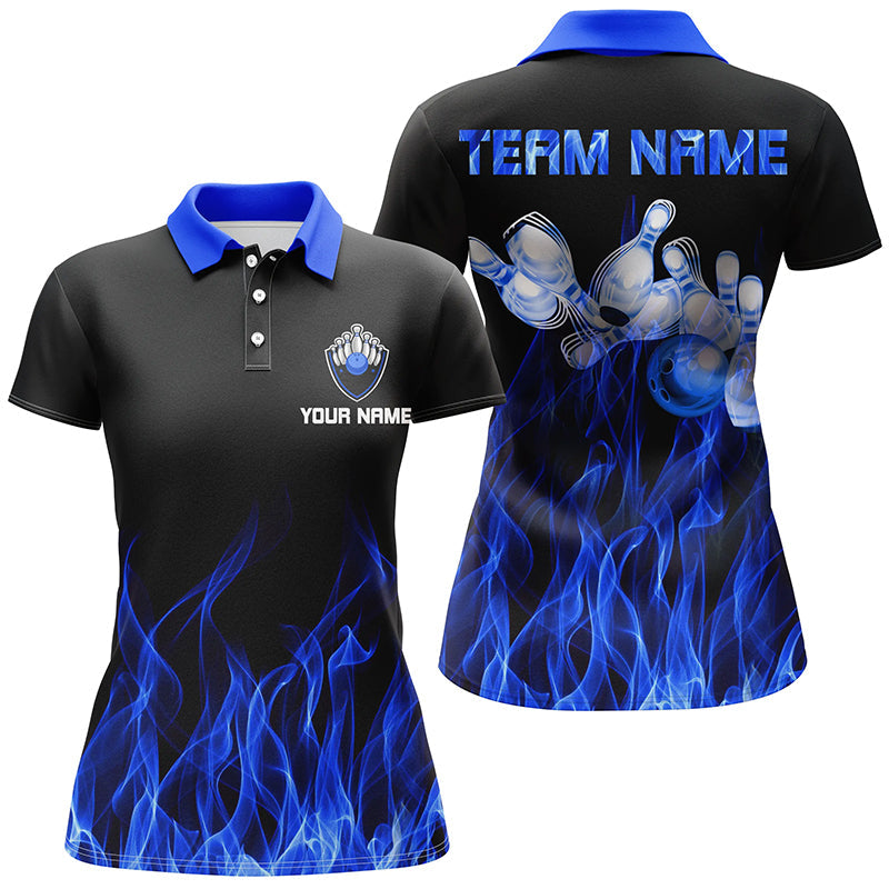 Frenzidea Blue Flame Pattern Black Bowling Premium Customized Name 3D Shirt For Women