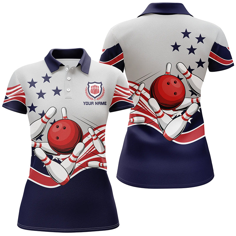 Frenzideas American Flag Patriotic Vintage Bowling Personalized All Over Printed Shirt For Women
