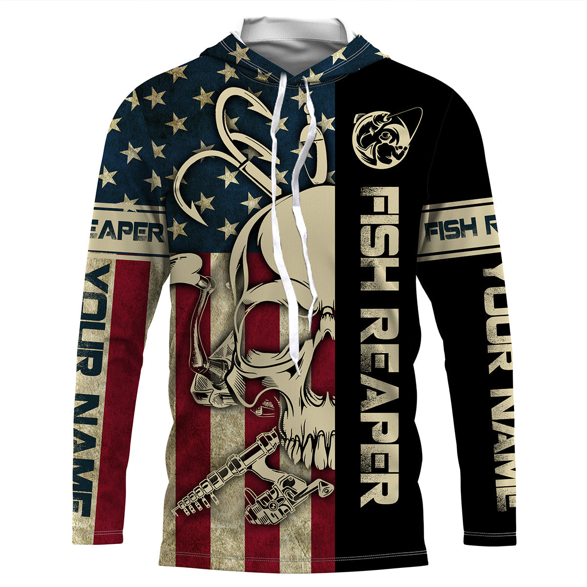 Frenzidea Halloween American Flag Fish Reaper Fishing Patriotic Custom Name Long Sleeve Shirt