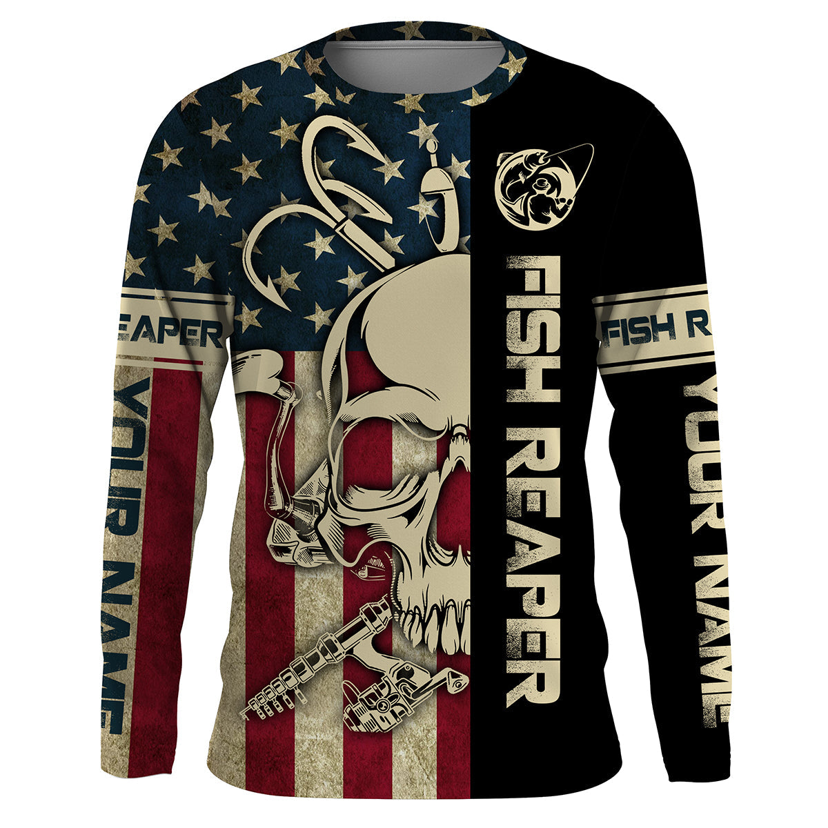 Frenzidea Halloween American Flag Fish Reaper Fishing Patriotic Custom Name Long Sleeve Shirt
