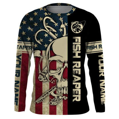 Frenzidea Halloween American Flag Fish Reaper Fishing Patriotic Custom Name Long Sleeve Shirt