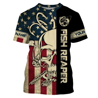 Frenzidea Halloween American Flag Fish Reaper Fishing Patriotic Custom Name Long Sleeve Shirt
