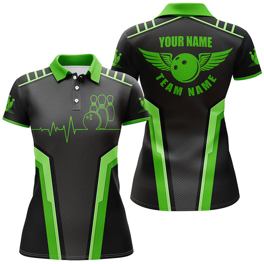Frenzidea Black Green Bowling Heartbeat Premium Customized Name 3D Shirt For Women