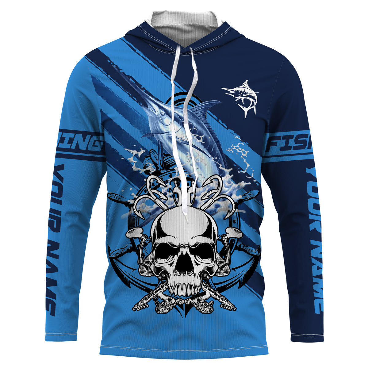 Frenzidea Halloween Custom Name Marlin Fish Reaper Anchor Saltwater Blue Sea Long Sleeve