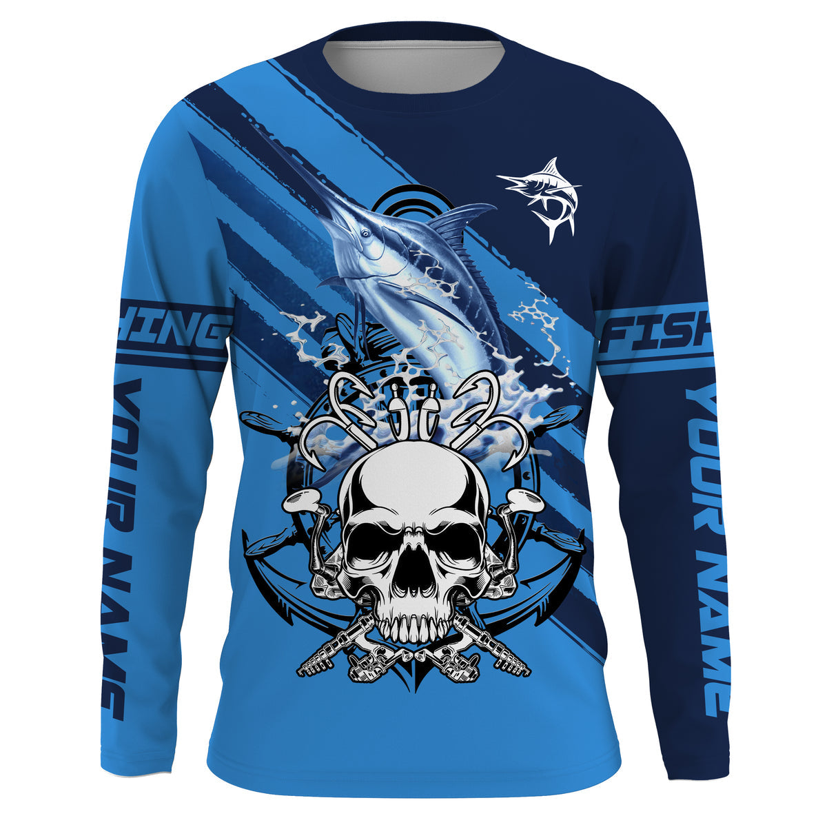 Frenzidea Halloween Custom Name Marlin Fish Reaper Anchor Saltwater Blue Sea Long Sleeve