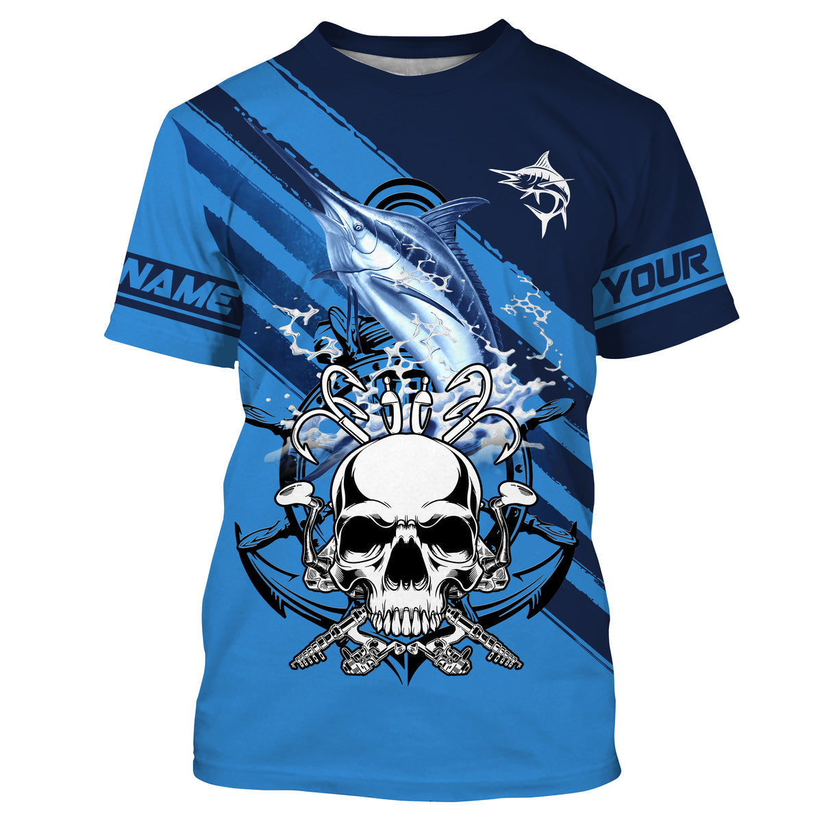 Frenzidea Halloween Custom Name Marlin Fish Reaper Anchor Saltwater Blue Sea Long Sleeve