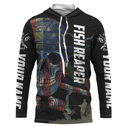 Frenzidea Halloween American Flag Fish Skull Reaper Fishing Custom Name Long Sleeve Fishing Shirts