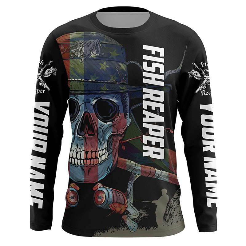 Frenzidea Halloween American Flag Fish Skull Reaper Fishing Custom Name Long Sleeve Fishing Shirts
