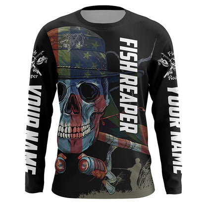 Frenzidea Halloween American Flag Fish Skull Reaper Fishing Custom Name Long Sleeve Fishing Shirts