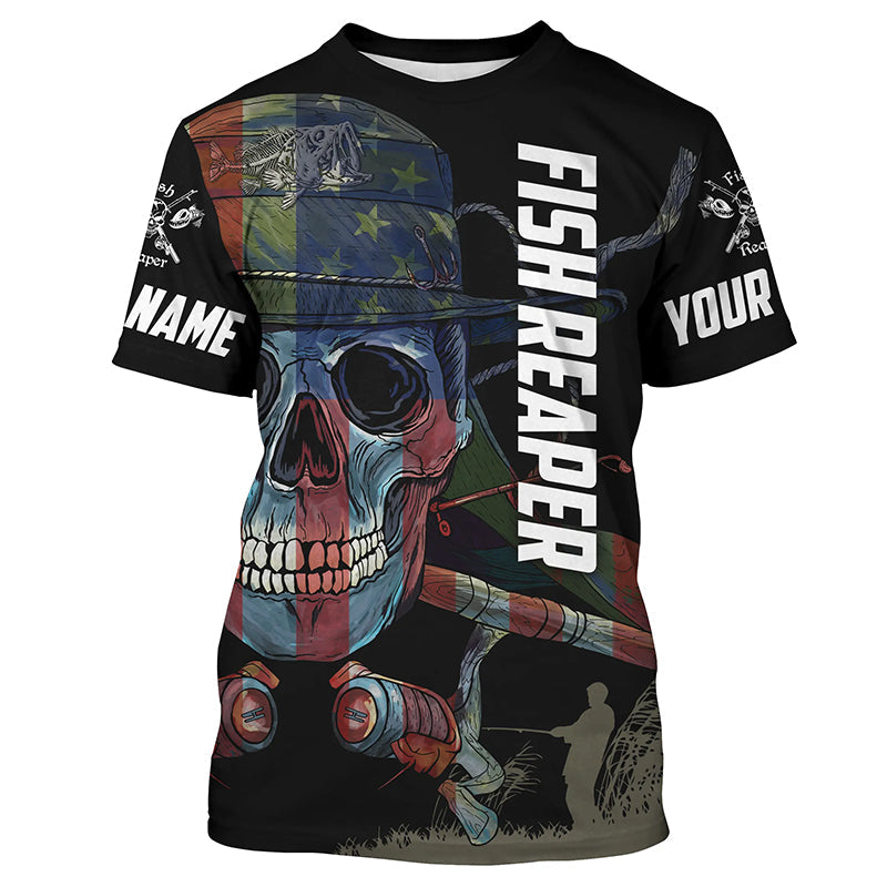 Frenzidea Halloween American Flag Fish Skull Reaper Fishing Custom Name Long Sleeve Fishing Shirts
