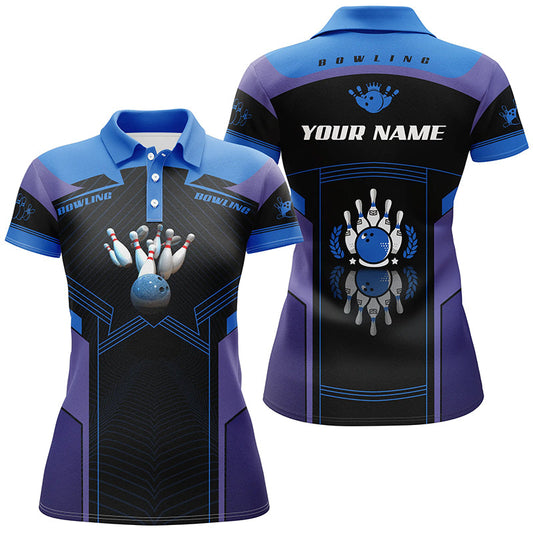 Frenzideas Purple And Blue Bowling Personalized All Over Printed Shirt For Women
