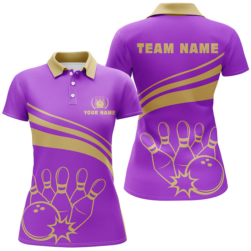 Frenzidea Purple And Gold Bowling Ball And Pins Pattern Premium Customized Name 3D Shirt For Women