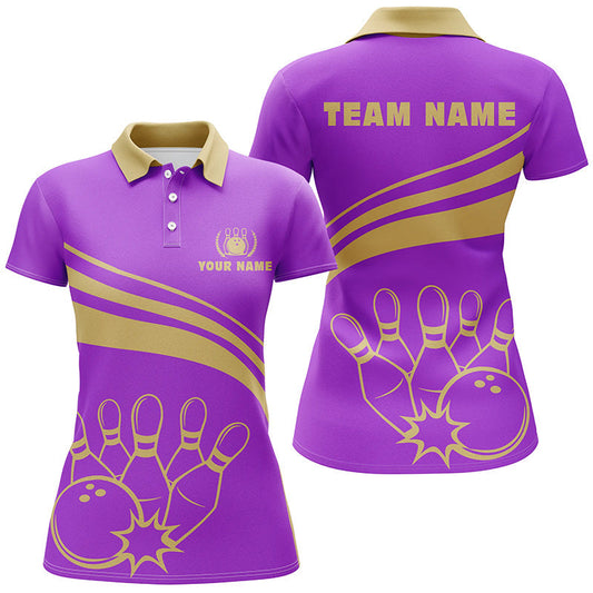Frenzidea Purple And Gold Bowling Ball And Pins Pattern Premium Customized Name 3D Shirt For Women