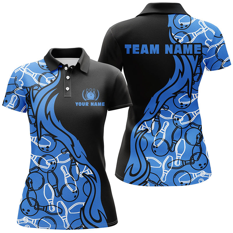 Frenzideas Black And Blue Pattern Bowling Ball And Pins Premium Customized Name 3D Shirt For Women